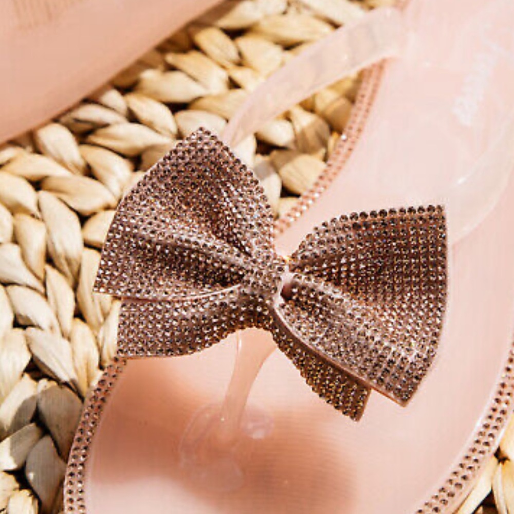 Last one Rose Gold Rhinestone Bling Bow Jelly Thong Sandals / Flip Flops - Picture 2 of 4